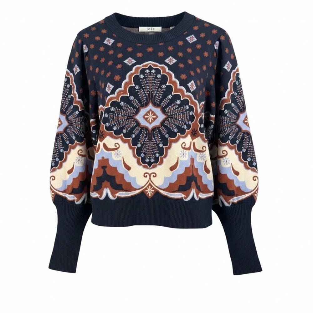 Joie Navy Medallion Jacquard Puffy Sleeves Sweater baroque statement sz XL